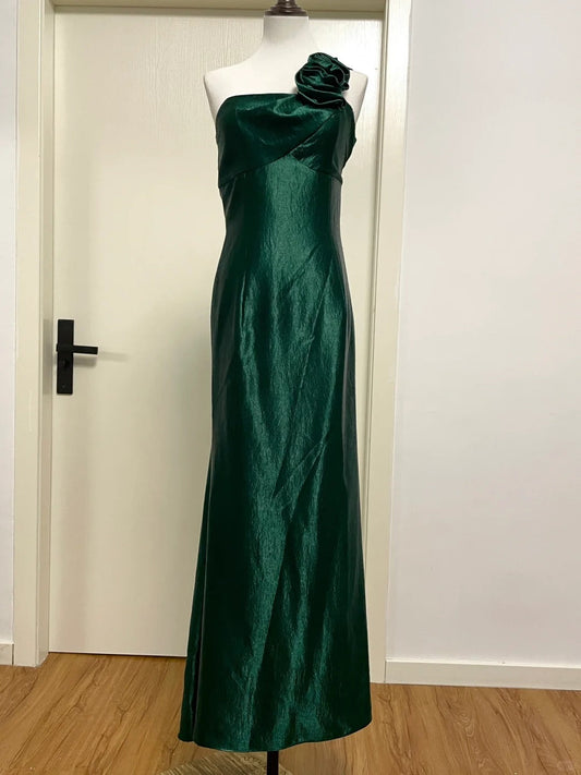 Elegant Dark Green 3D Floral One-shoulder Satin Long Prom Dress Evening Dress P4190