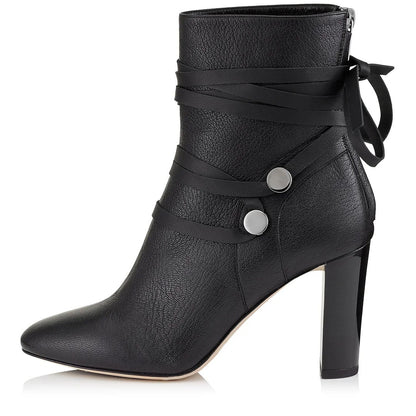 Black Round Toe Decorative Strappy Chunky Heel Ankle Boots