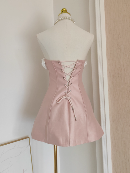 Vintage 3D Flowers Strapless A-Line Lace-up Satin Homecoming Dress Party Dress Short Cocktail Dress TP4844