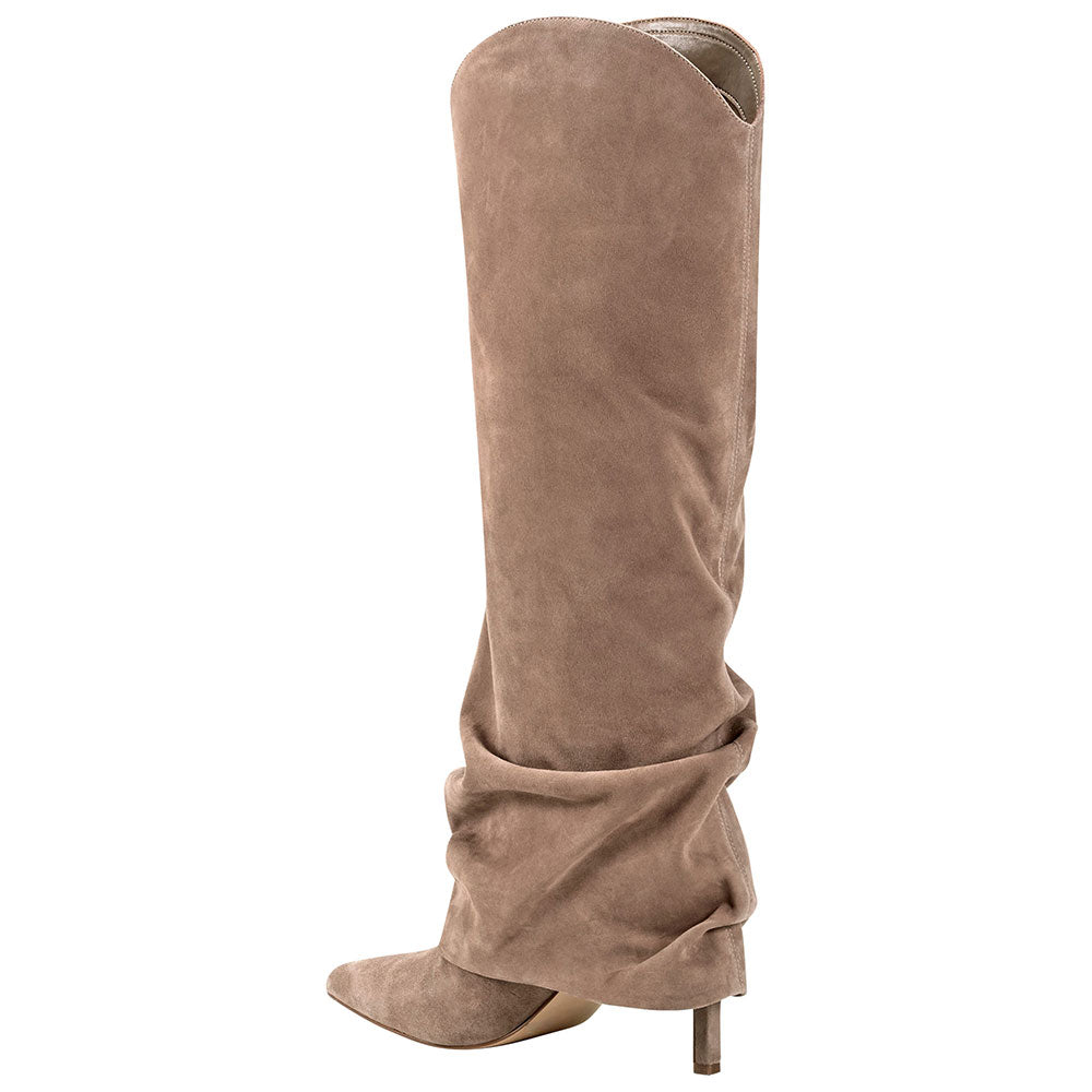 Taupe Pointed Toe Stiletto Heel Slouch Fold-Over Knee High Boots