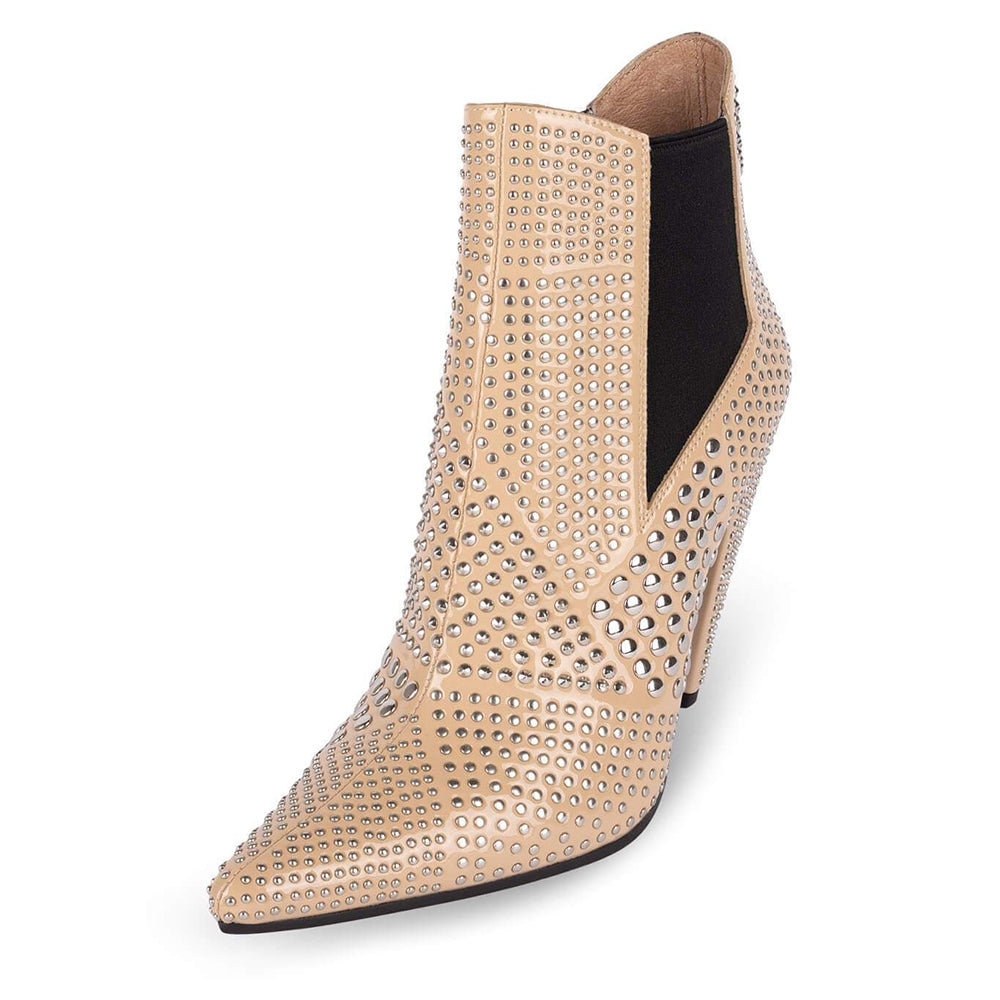 Beige Pointed Toe 4'' Stiletto Heel Studded Ankle Boots