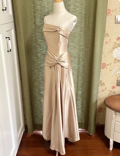Elegant Champagne A-line Strapless Twisted Satin Long Prom Dress Evening Dress Bridesmaid Dress P4192