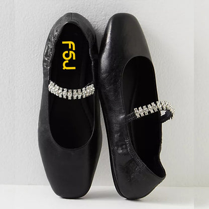 Black Square Toe Elastic Ruched Rhinestone Ballet Flats with A Strap