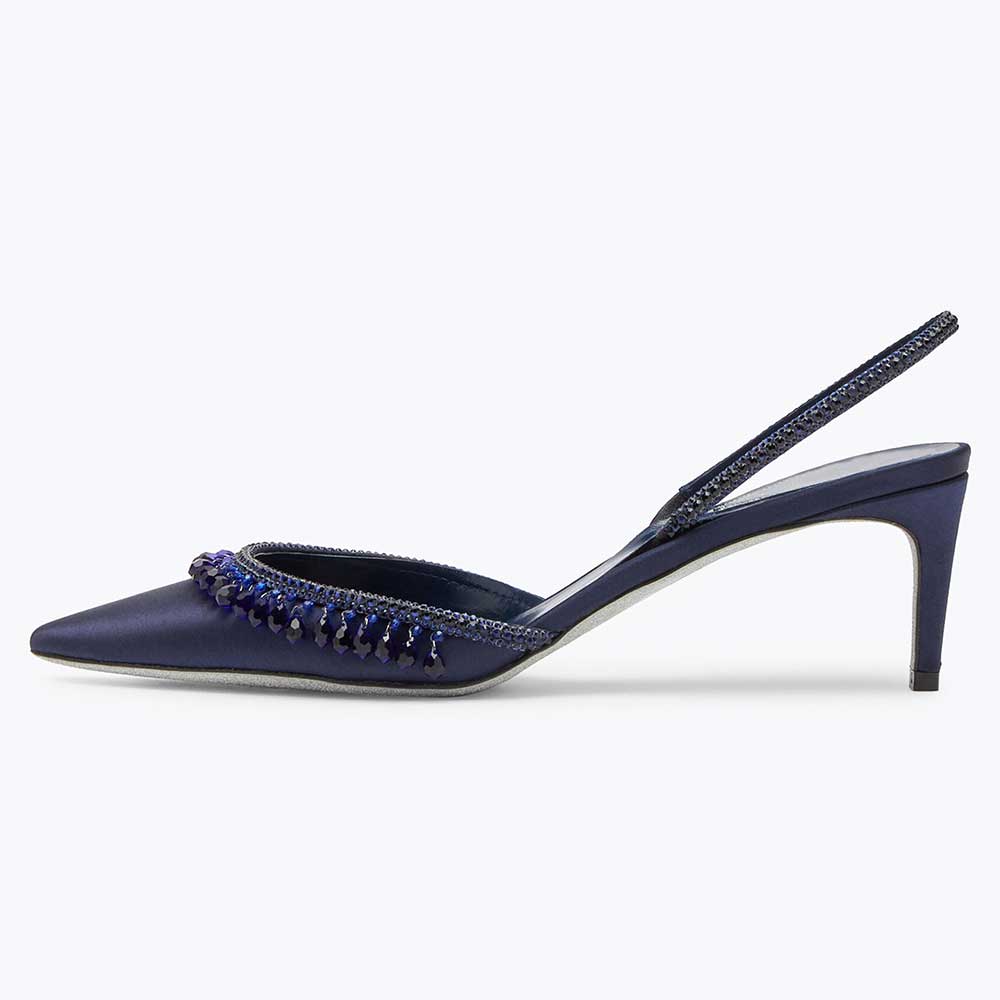 Women's Navy Satin Pointed Toe Rhinestone Kitten Heel Pumps