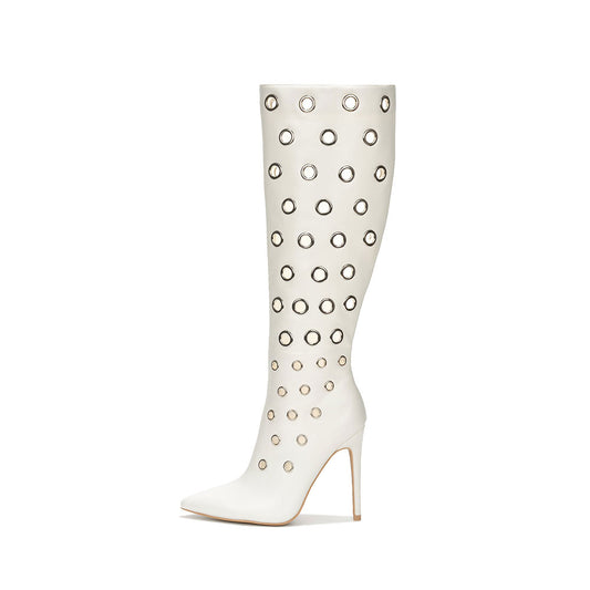 White Pointed Toe Stiletto Heel Grommets Embellished Knee High Boots