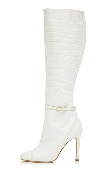 Women's White Croco Embossed Square Toe Knee High Boots with Buckle