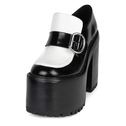 Black & White Round Toe Buckled Strap Chunky Heel Platform Loafers