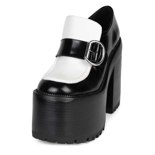 Black & White Round Toe Buckled Strap Chunky Heel Platform Loafers
