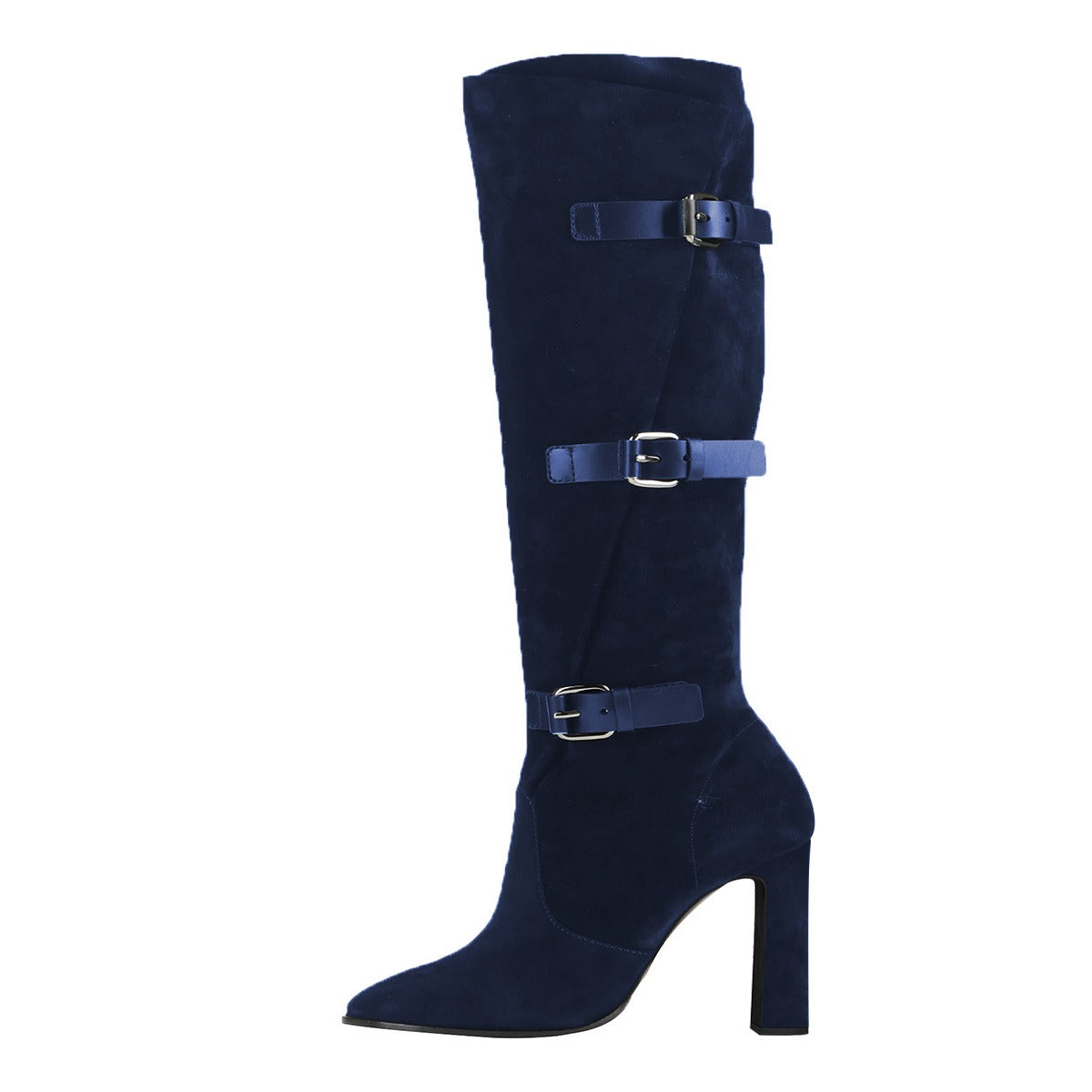 Navy Round Toe Chunky Heel Triple Buckle Straps Knee High Boots