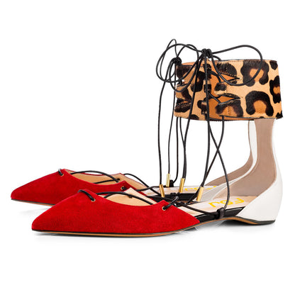 Multi Color Pointed Toe Lace Up Leopard Print Ankle Strap Flats