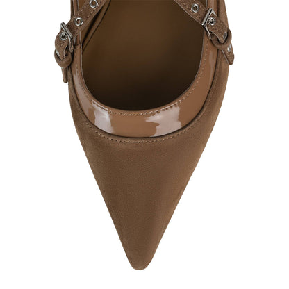 Brown Pointed Toe Buckle Strappy Ballet Flats with Bow