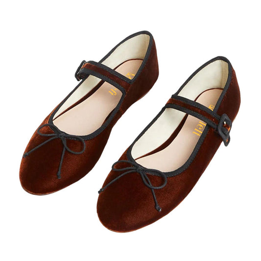 Brown Slip-On Velvet Round Toe Bow Tie Buckle Strap Mary Jane Flats
