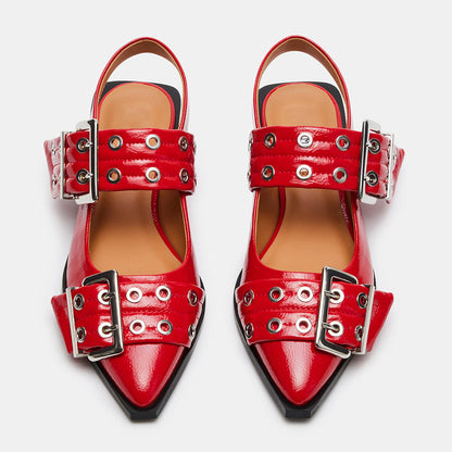 FSJ Red Pointed Toe Slingback Shoes Grommet Buckle Strap Flats