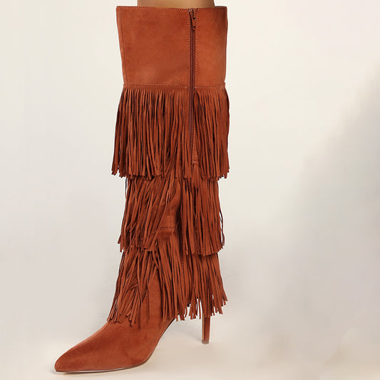Brown Vegan Suede Pointed Toe Stiletto Knee High Boots with Fringes