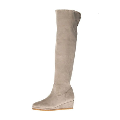 Beige Vegan Suede Wedge Heel Knee High Boots with Platform