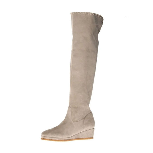 Beige Vegan Suede Wedge Heel Knee High Boots with Platform