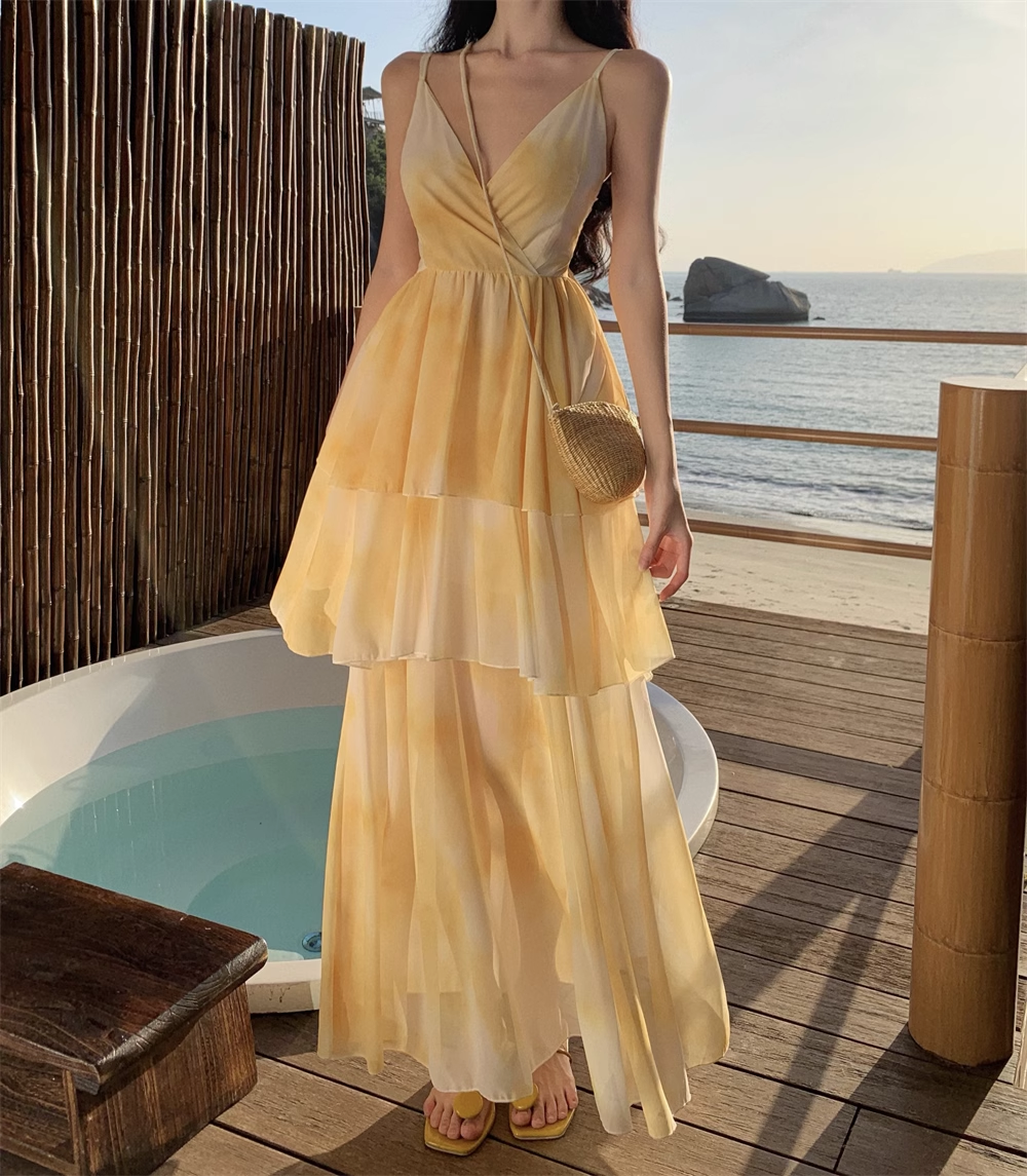 New Simple Yellow Floral Design A-Line Beach Holiday Spaghetti Strap Dress TP3031