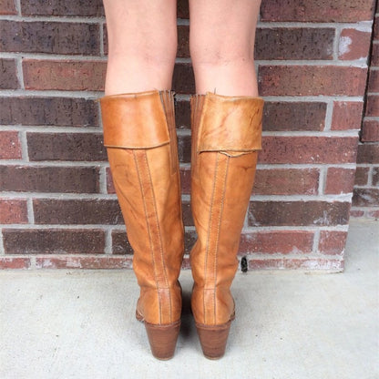 Tan Vintage Round Toe Block Heel Side Zip Knee High Boots for Women