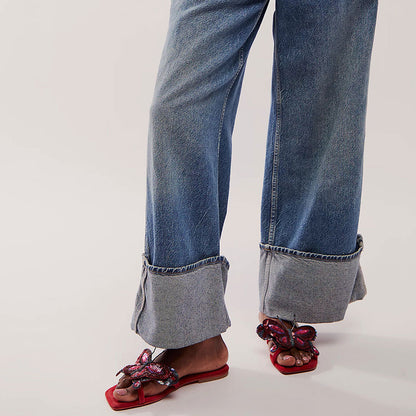 Red Glittery Sequined Square Toe Flat Butterfly Stylish Slippers