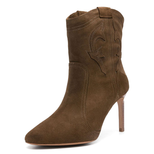 Vegan Suede Stitching Pointed Toe Stiletto heeled Ankle Boots in Brown