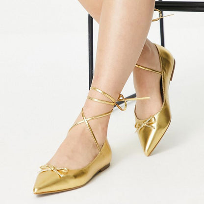 Metallic Gold Lace-Up Shoes Pointed-Toe Bow Embellished Flats