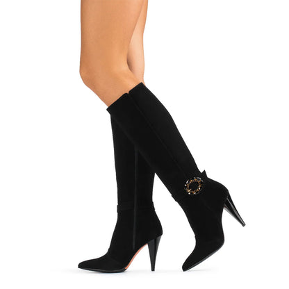 Black Cone Heel Crystal Buckle Strap Vegan Suede Knee High Boots