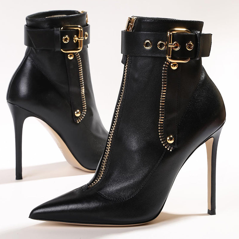 Black Faux Leather Pointed Toe Zipper Stiletto Heel Buckle Ankle Boots