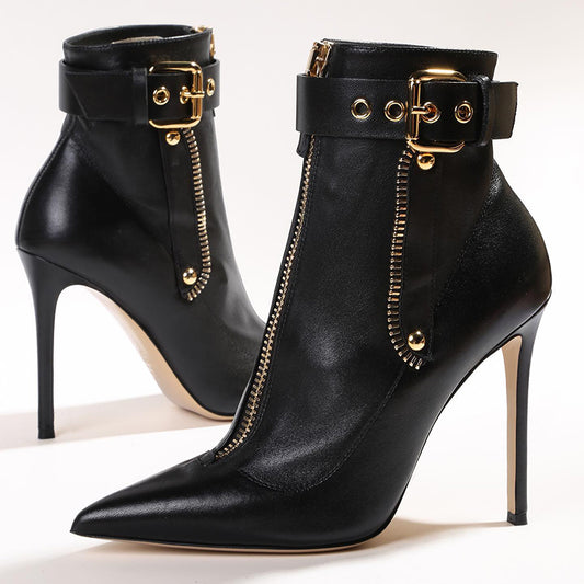 Black Faux Leather Pointed Toe Zipper Stiletto Heel Buckle Ankle Boots