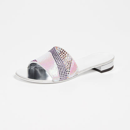 Silver Rhinestones Sequin Flats Slide Sandals for Women