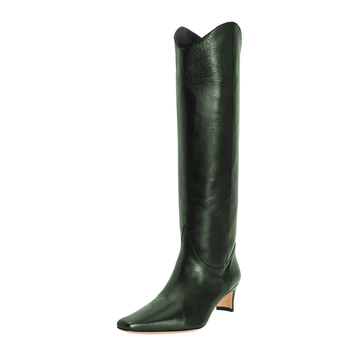 Dark Green Vegan Leather Knee High Boots for Women with Square Toe