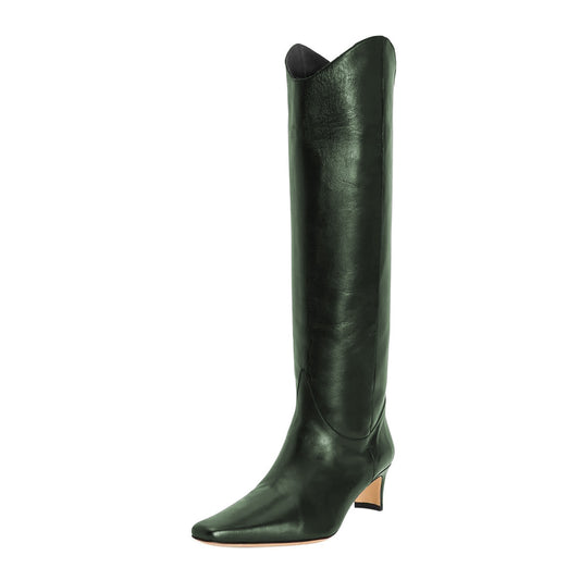 Dark Green Vegan Leather Knee High Boots for Women with Square Toe