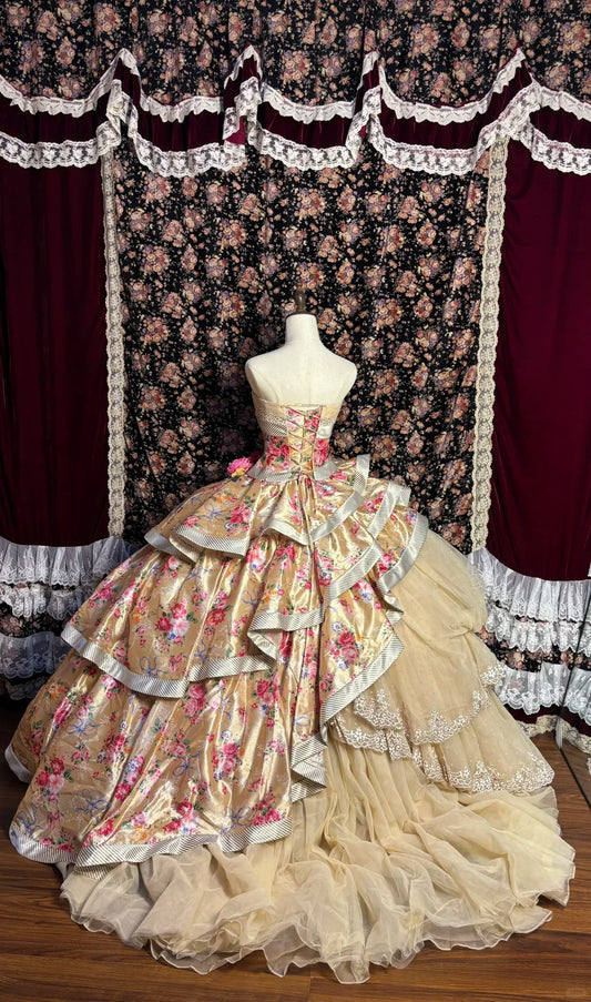 Retro Strapless Satin Sweet 16 Quinceanera A-Line Tiered Evening Dress Ball Gown TP4274