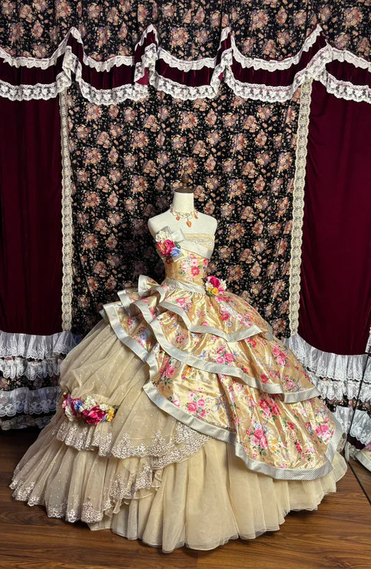 Retro Strapless Satin Sweet 16 Quinceanera A-Line Tiered Evening Dress Ball Gown TP4274