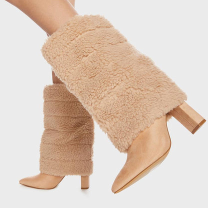 Khaki Faux Fur 4 Inch Chunky Heel Fold Over Mid Calf Boots for Women
