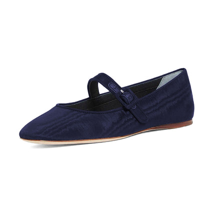 Navy Blue Fabric Square Toe Mary Jane Flats with Buckle Strap