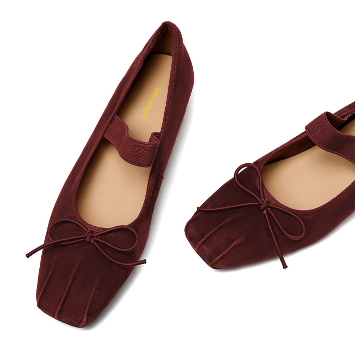 Dark Maroon Strap Mary Jane Square Toe Ballet Flats with Bow