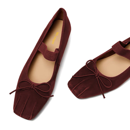 Dark Maroon Strap Mary Jane Square Toe Ballet Flats with Bow
