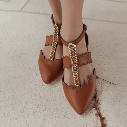 Brown Pointed Toe  Flats With Chain Decor Ankle Strap Flats