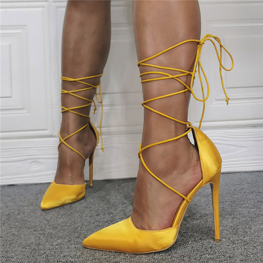 Yellow Satin Stiletto Heels Women's Pointed Toe Strappy Evening Pumps