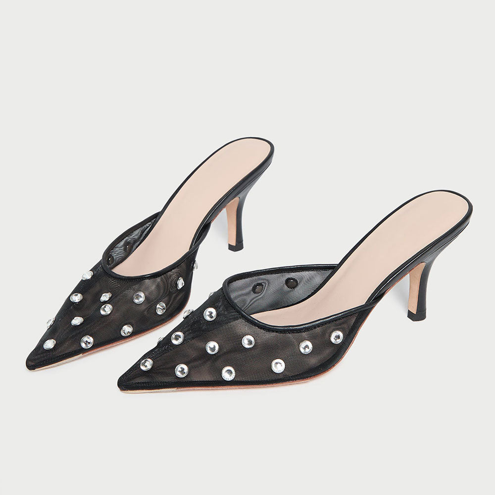 Women's Black Pointed Toe Rhinestone Embellished Mesh Mule Heels