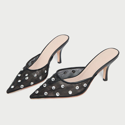 Women's Black Pointed Toe Rhinestone Embellished Mesh Mule Heels