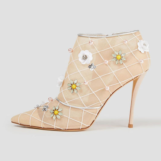 Beige Pointed Toe Crystal Embellished Ankle Boots with Stiletto Heel