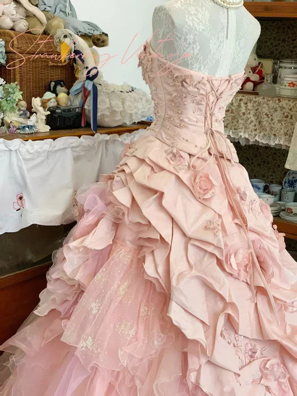 Elegant Pink 3D Flower Sweet 16 Quinceanera A-Line Floor-length Prom Dress Birthday Dress Evening Dress Ball Gown TP4421