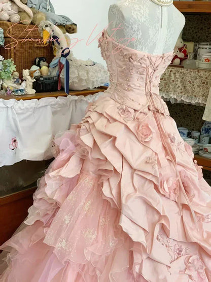 Elegant Pink 3D Flower Sweet 16 Quinceanera A-Line Floor-length Prom Dress Birthday Dress Evening Dress Ball Gown TP4421