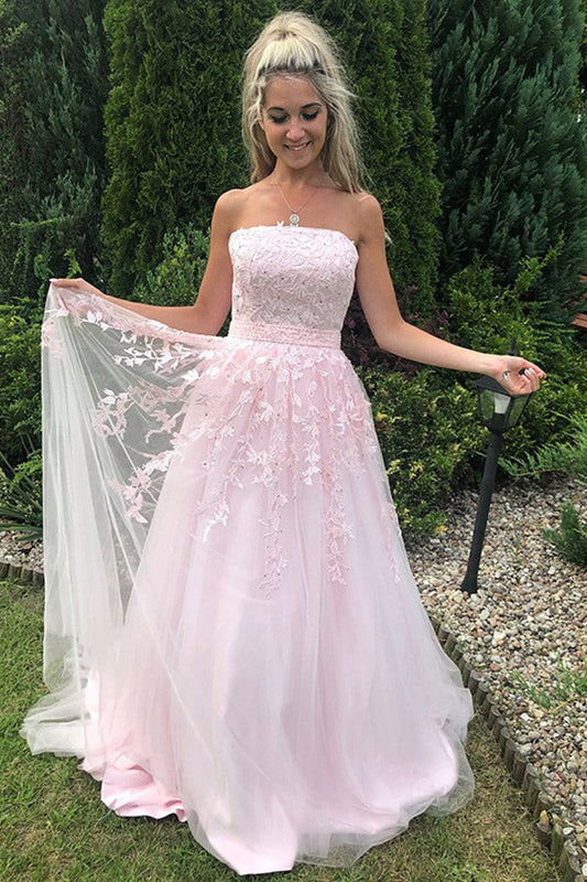 A Line Strapless Tulle Prom Dress With Appliques,WP313