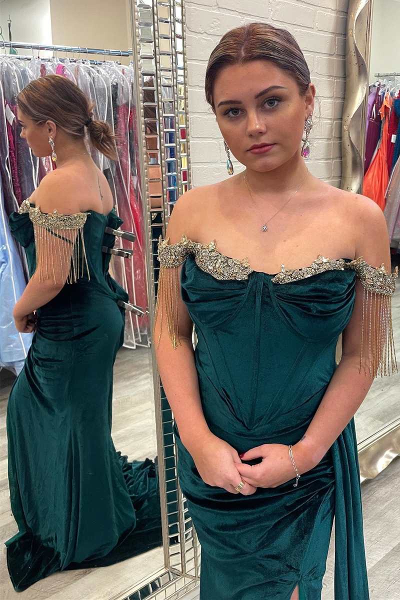 Royal Blue Velvet Rhinestones Mermaid Long Formal Dresses with Slit