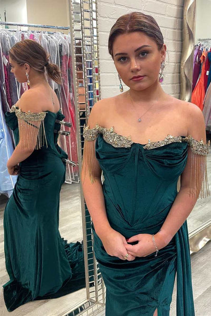 Royal Blue Velvet Rhinestones Mermaid Long Formal Dresses with Slit