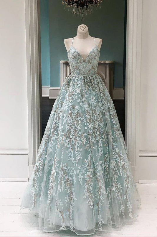 Fablous Ball Gown V Neck Spaghetti Straps Long Prom Dress With Appliques,WP127