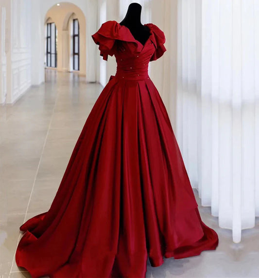 Gorgeous Burgundy V-neck Satin Puffy Sleeves Beading Sweet 16 Quinceanera A-Line Evening Dress Ball Gown TP4332