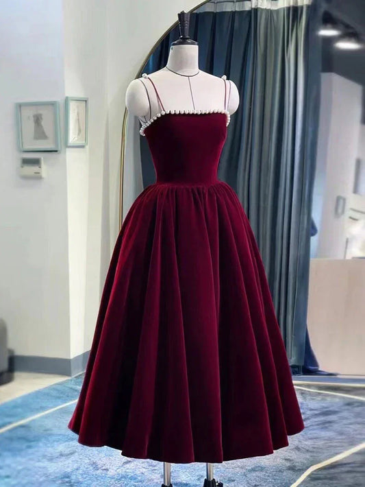 Retro Burgundy Beaded Spaghetti Strap Design A-line Velvet Party Dress Homecoming Dress TP4058